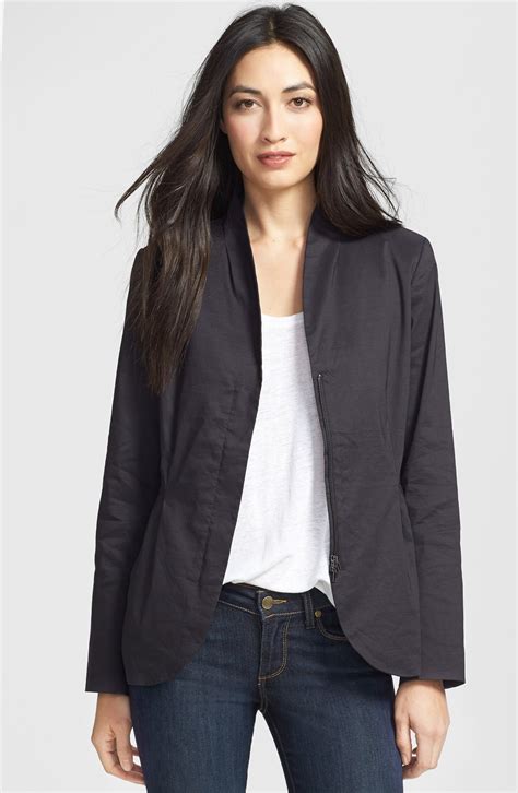 Eileen Fisher High Collar Coat Full Zip Wool Jacket with Leather Sleeve Size S. . Eileen fisher jackets